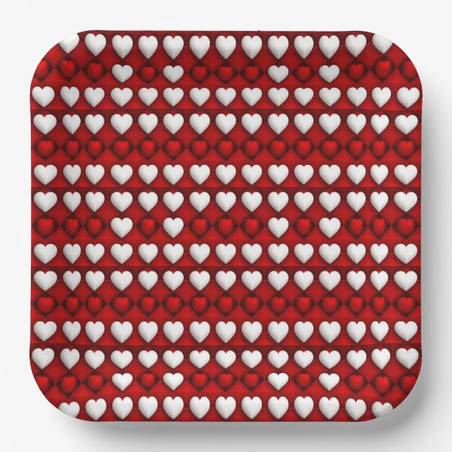 Red And White Heart Pattern Paper Plate (Front)