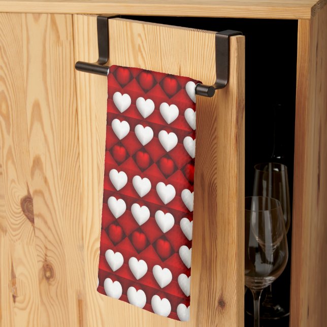 Red And White Heart Pattern Tea Towel (Thirds Fold)