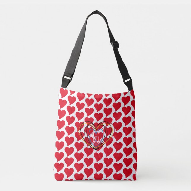 Red and White Hearts of Love Crossbody Tote Bag (Front)