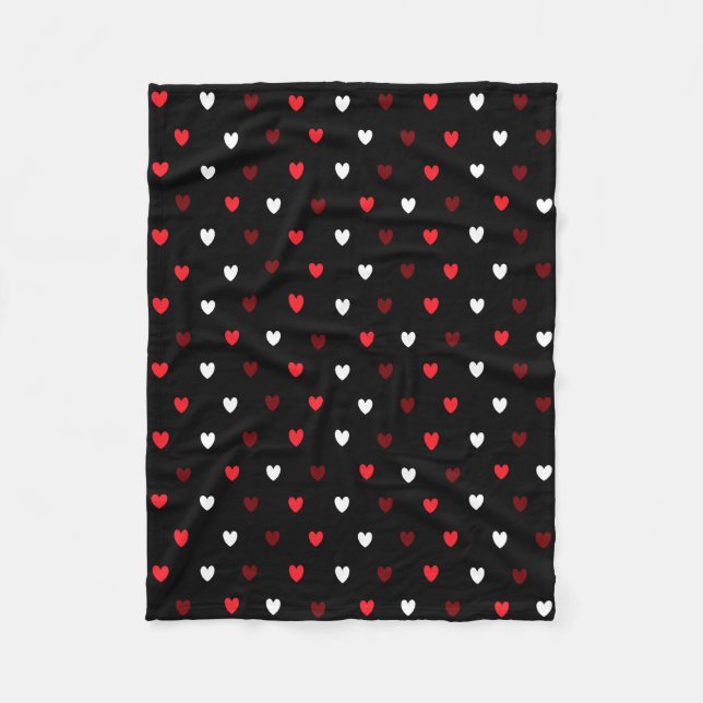 Red and white hearts on black fleece blanket (Front)