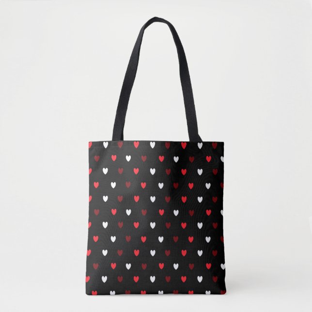 Red and white hearts on black tote bag (Front)