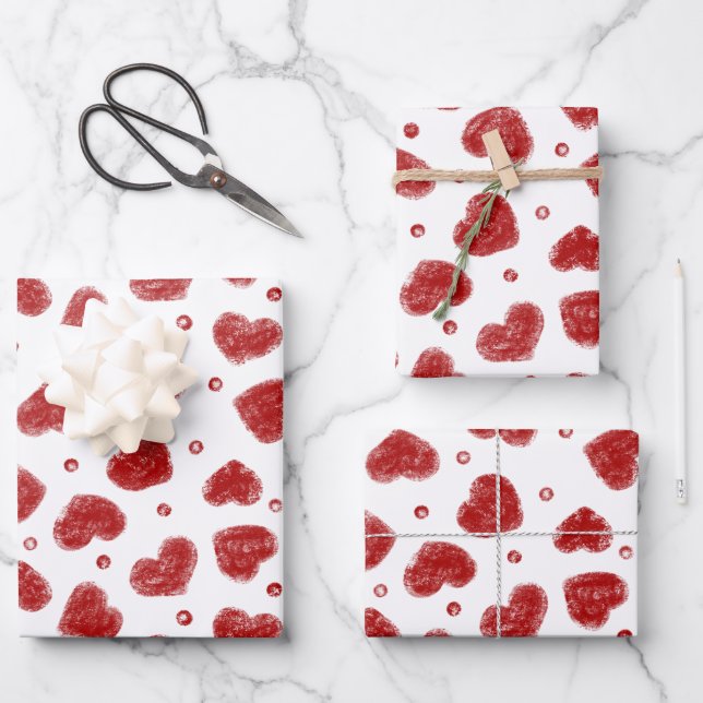 Red and White Hearts pattern Wrapping Paper Sheet (Front)