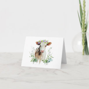 Red and White Heifer (Cow) with Flowers BLANK Card