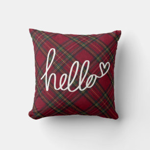 Red and white Hello Christmas plaid Cushion