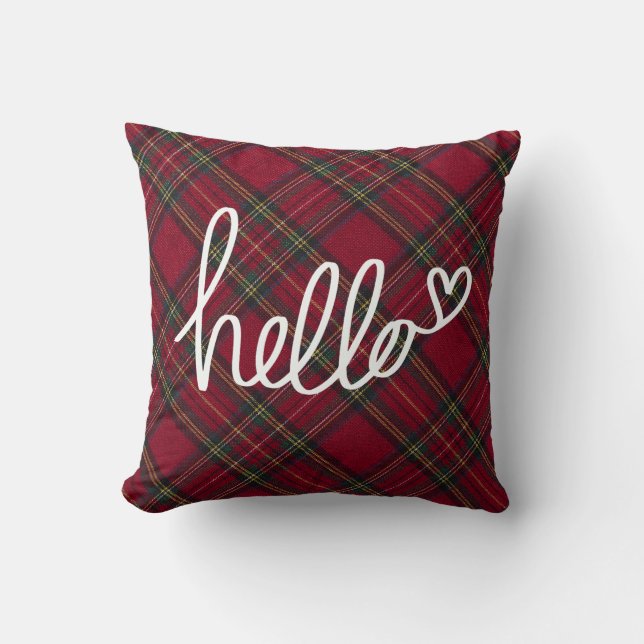 Red and white Hello Christmas plaid Cushion (Front)