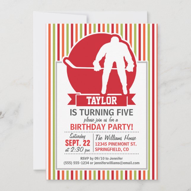 Red and White Hockey Player, Red, Orange, Green Invitation (Front)