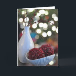 Red and White Holiday<br><div class="desc">A lovely photo with sparkling white pottery with red seed balls and white mini lights glowing. This card evokes the Christmas holiday using non traditional images. Use this card to say Happy Holidays, Merry Christmas or as an invitation to invite friends over for Christmas Eve or a luminaria lighting event....</div>