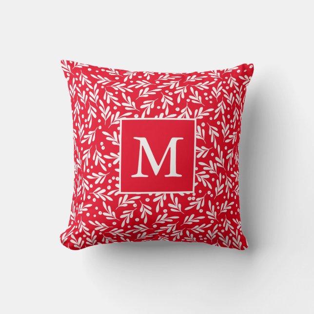 Red and White Holly Berries | Holiday Monogram Cushion (Front)