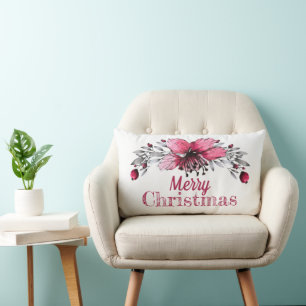Red and White Holly Merry Christmas Lumbar Cushion