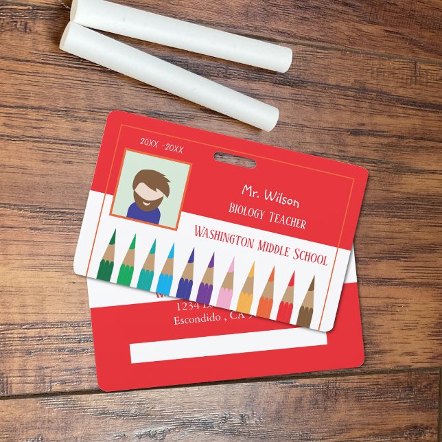 Red and White Horizontal Teacher Photo ID Badge (Red and white horizontal teacher photo ID badge with tips of color pencils . )