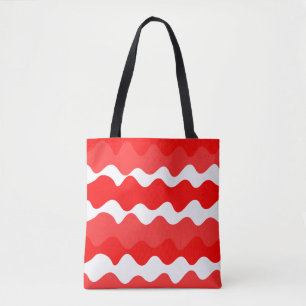 Red and white horizontal wavy pattern tote bag