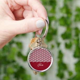Red and white houndstooth pattern monogram key ring