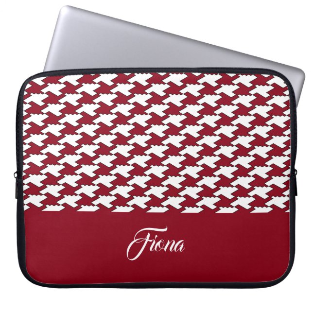 Red and white houndstooth pattern monogram laptop sleeve (Front)