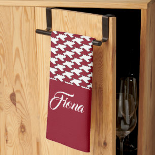 Red and white houndstooth pattern monogram tea towel