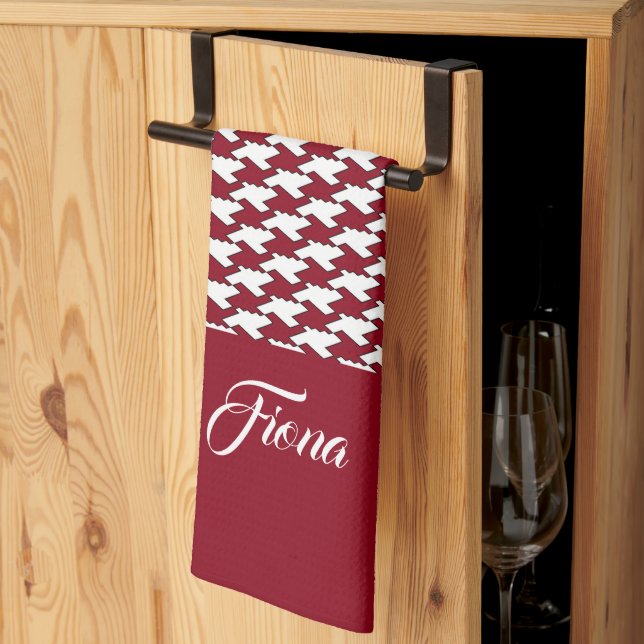 Red and white houndstooth pattern monogram tea towel (Thirds Fold)