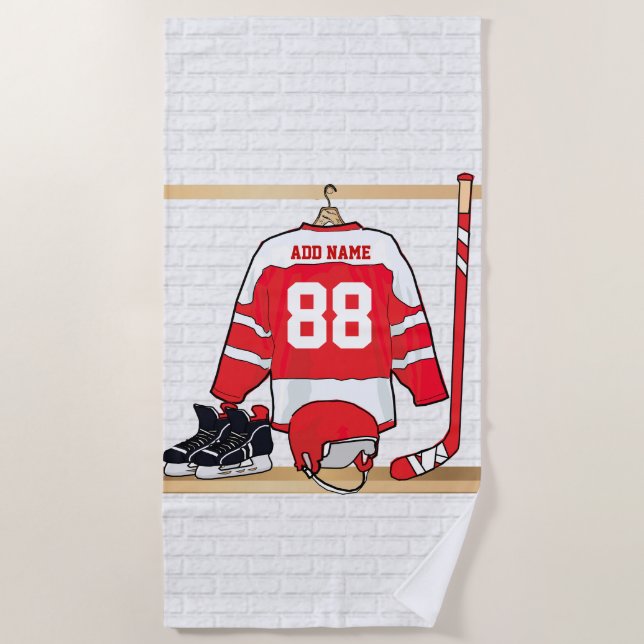 Red and White Ice Hockey Jersey Birthday Party Beach Towel (Front)