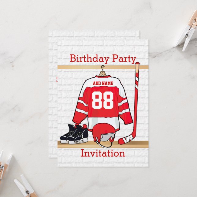Red and White Ice Hockey Jersey Birthday Party Invitation (Front/Back In Situ)