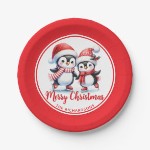 Red and White Ice Skating Penguins Merry Christmas Paper Plate
