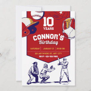 Red and White illustrated baseball birthday party  Invitation