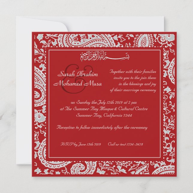 Red and white indian damask  muslim wedding invitation (Front)