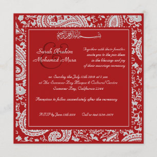 Red and white indian damask  muslim wedding invitation