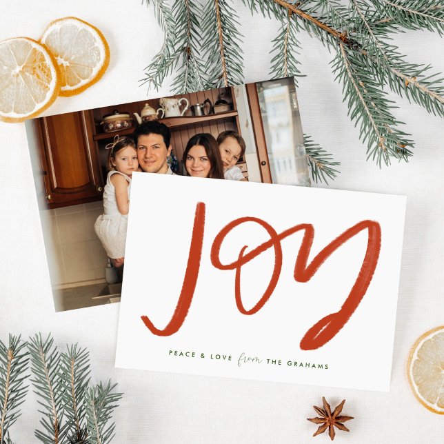 Red and White Joy Photo Flat Holiday Card (Hand-Lettered Joy watercolored in red on a chic white holiday card with your photo on the back.)