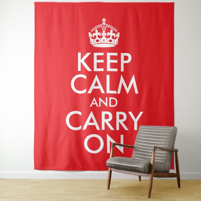 Red and White Keep Calm and Carry On Tapestry (In Situ)