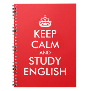 Red and White Keep Calm and Study English Notebook