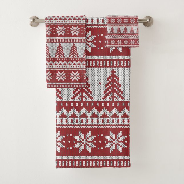 Red and White Knitted Look Pine Trees Snowflakes Bath Towel Set (Insitu)