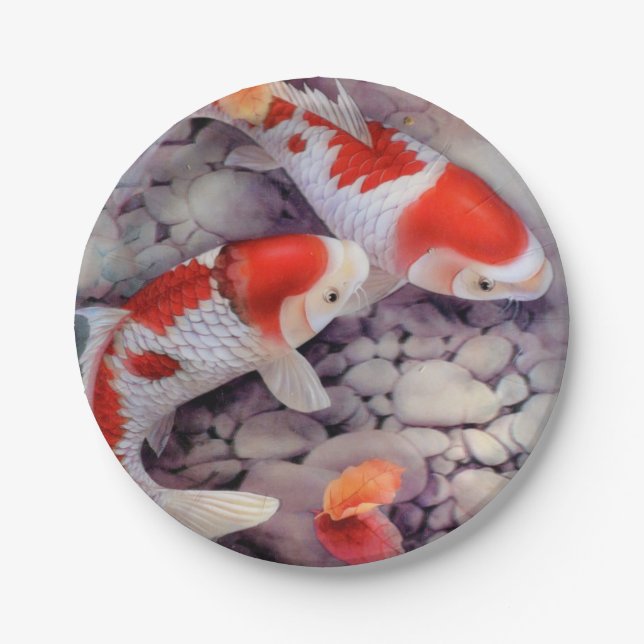 Red and White Koi Fish Pond Paper Plate (Front)