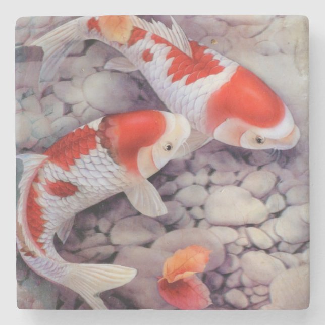 Red and White Koi Fish Pond Stone Coaster (Front)
