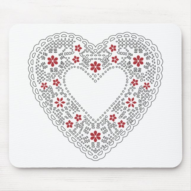 Red and White Lace Heart Mouse Mat (Front)