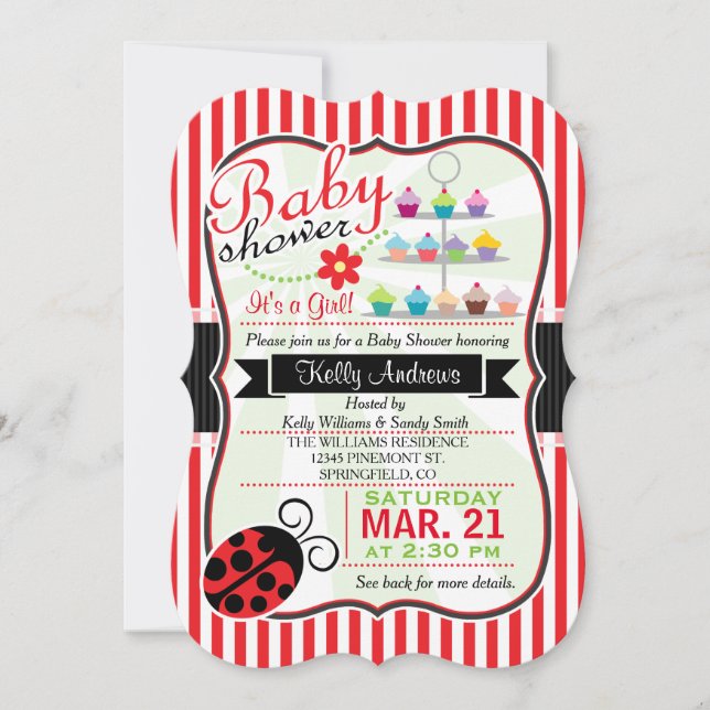 Red and White Ladybug Theme Girl Baby Shower Invitation (Front)