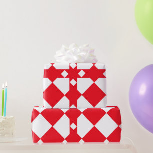 Red and White Large Checkerboard Diamond Pattern Wrapping Paper