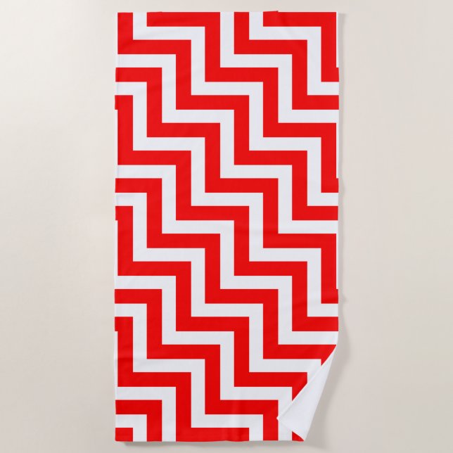 Red and White Large Size Diagonal Chevron Stripes Beach Towel (Front)