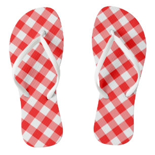 Red and White Large Size Diagonal Gingham Checks Flip Flops