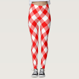 Red and White Large Size Diagonal Gingham Checks Leggings