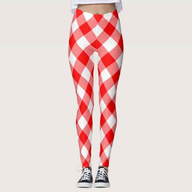 Red and White Large Size Diagonal Gingham Checks Leggings (Front)