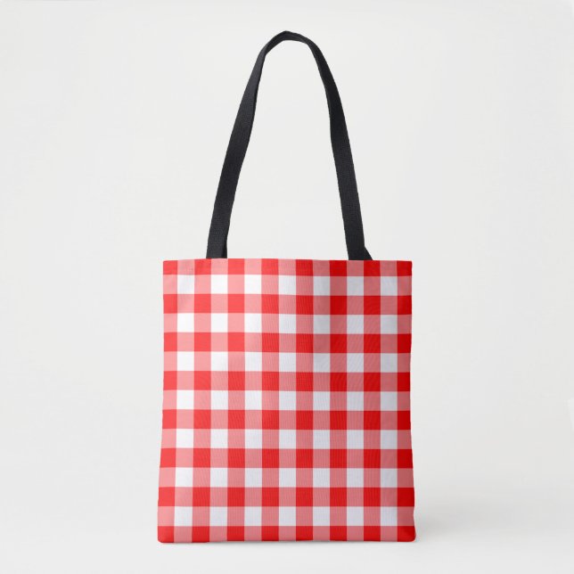 Red and White Large Size Gingham Checks Pattern Tote Bag (Front)