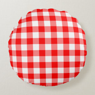 Red and White Large Size Gingham Checks Round Cushion