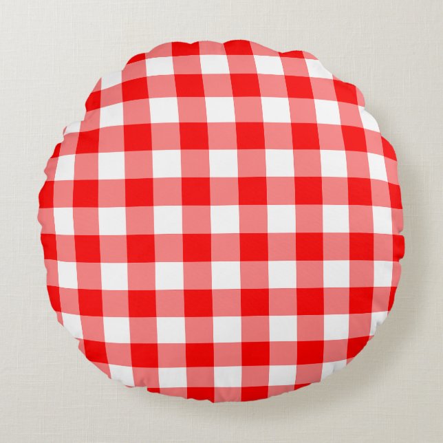 Red and White Large Size Gingham Checks Round Cushion (Front)