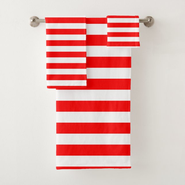 Red and White Large Size Horizontal Stripes Bath Towel Set (Insitu)
