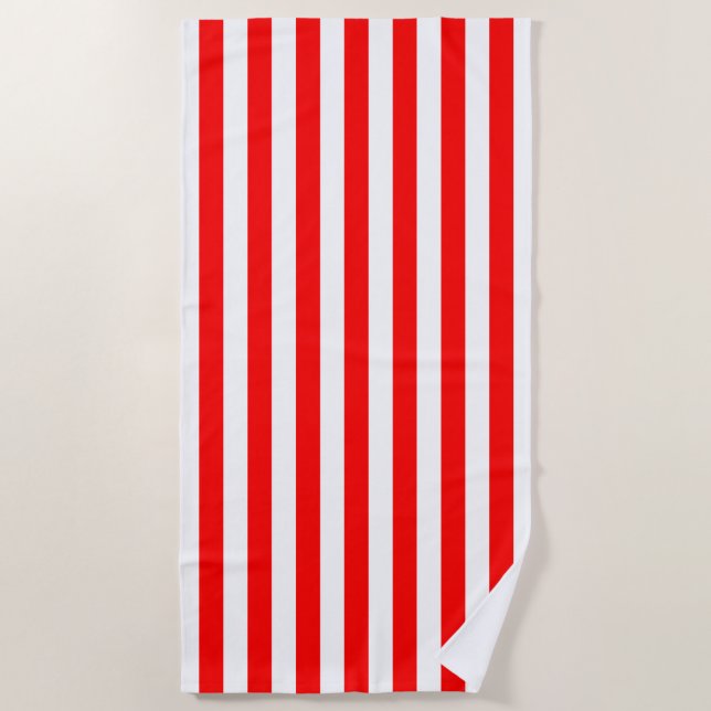 Red and White Large Size Vertical Stripes Beach Towel (Front)
