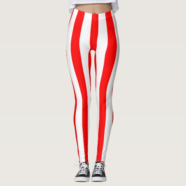 Red and White Large Size Vertical Stripes Leggings (Front)