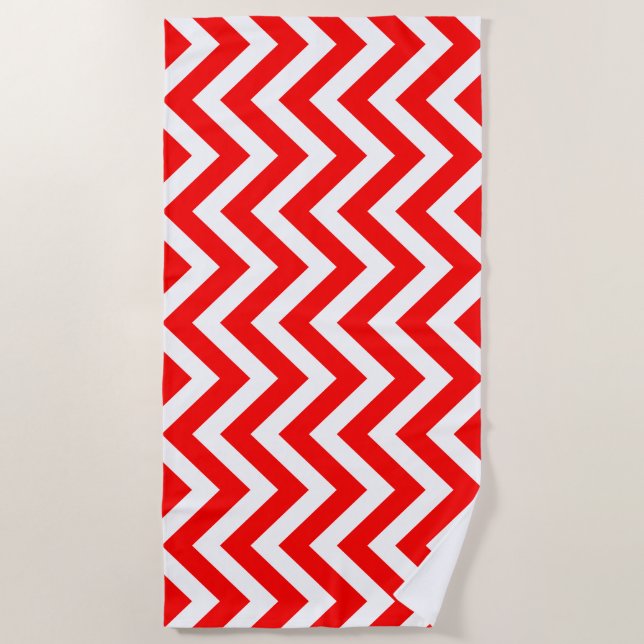 Red and White Large Vertical Chevron Stripes Beach Towel (Front)