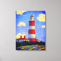 Red and White Lighthouse above Lavender fields
