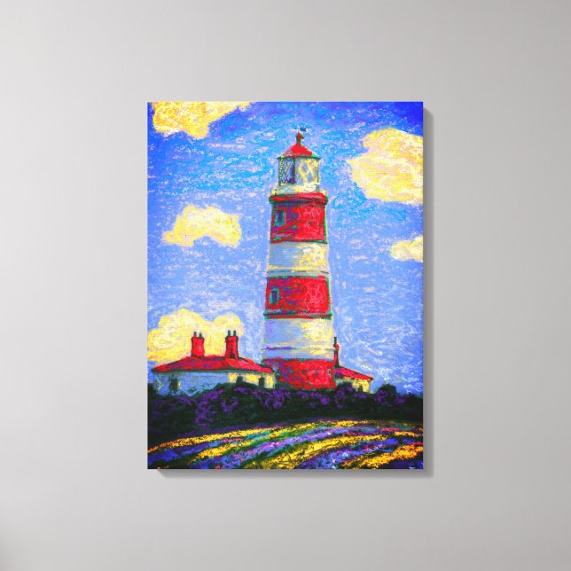 Red and White Lighthouse above Lavender fields  Canvas Print (Front)