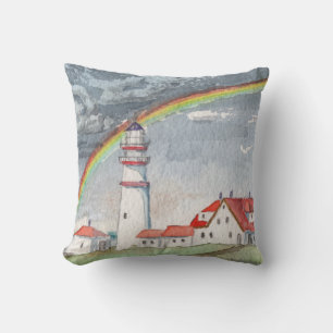 Red and White Lighthouse and Rainbow Cushion