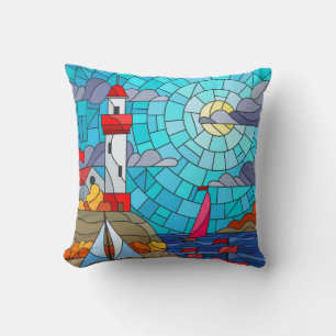  Red and White Lighthouse and Ships  Cushion
