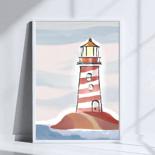 Red and White Lighthouse   Beach Ocean Watercolor Poster